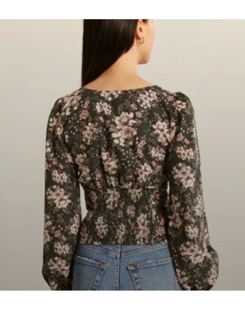 Abercrombie & Fitch Black Floral Square-Neck Puff Sleeve Top Size Medium - Picture 2 of 4